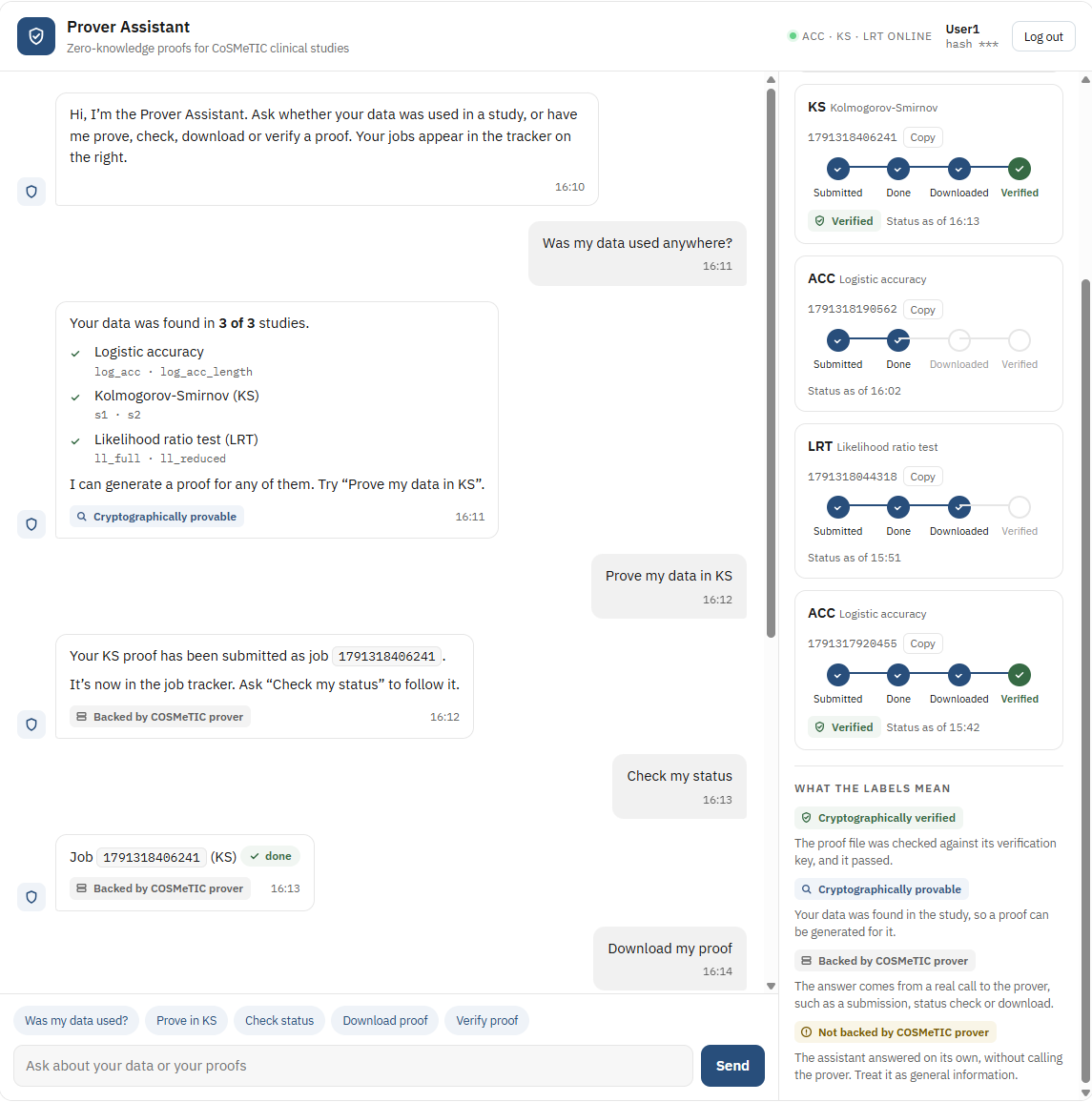 The Prover Assistant chat: a user checks whether their data was used, then follows a proof from submission to verification